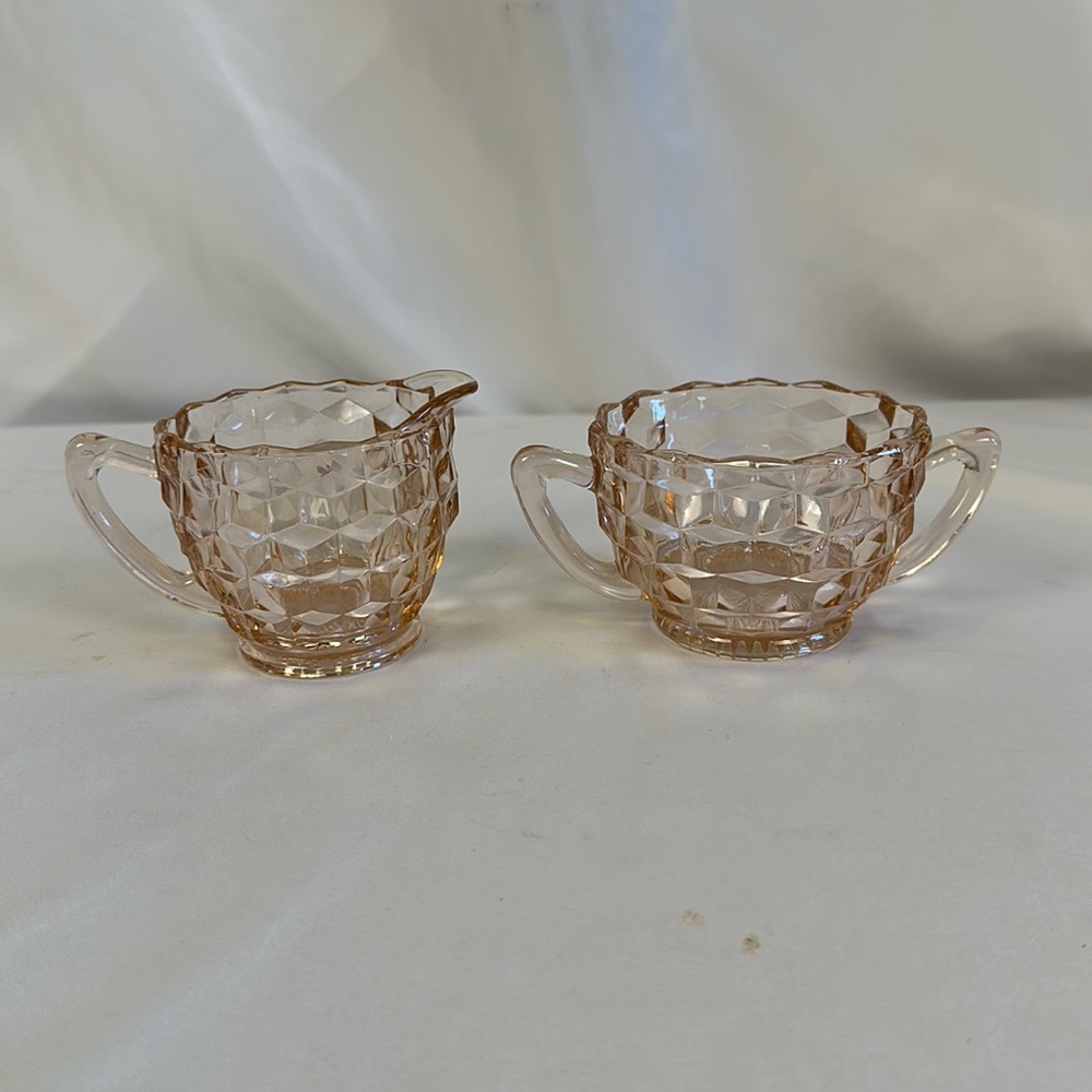 1930s Jeannette Cube Pink Mini Footed Depression Glass Open Sugar Bowl + Creamer